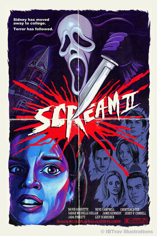 Movie poster design for the film "Scream 2". Art by Travis Falligant of IBTrav Illustrations.